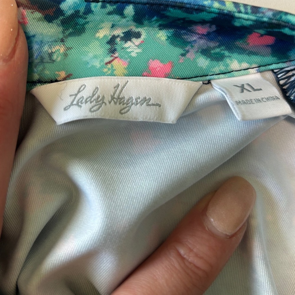 Lady Hagen Womens XL Teal Floral Sleeveless Golf‎ Polo Mock Neck Keyhole Top - Picture 6 of 6